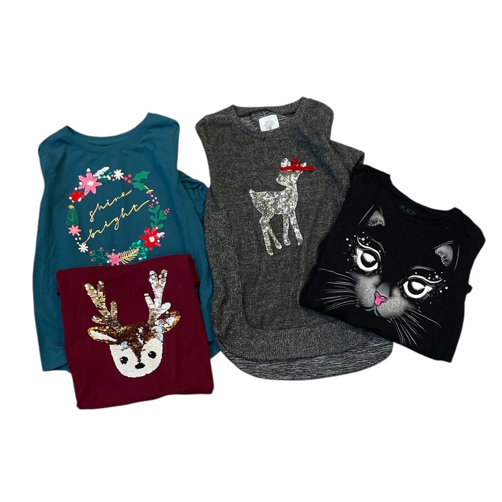 4 Girl’s Long Sleeve T—Shirt Bundle Graphic Tee Flip Sequin Holiday Size L 10/12